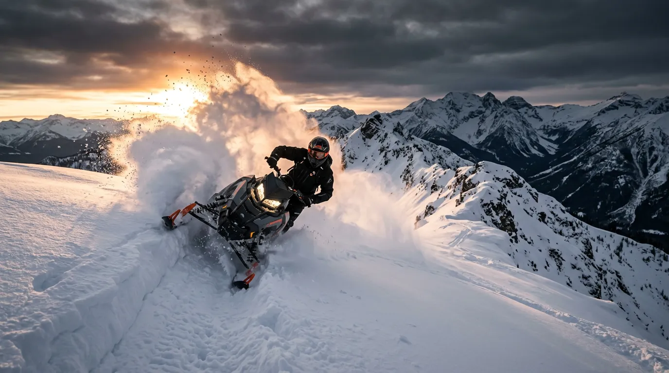 Snowmobile rider carving through deep powder on a mountain ridge at sunset