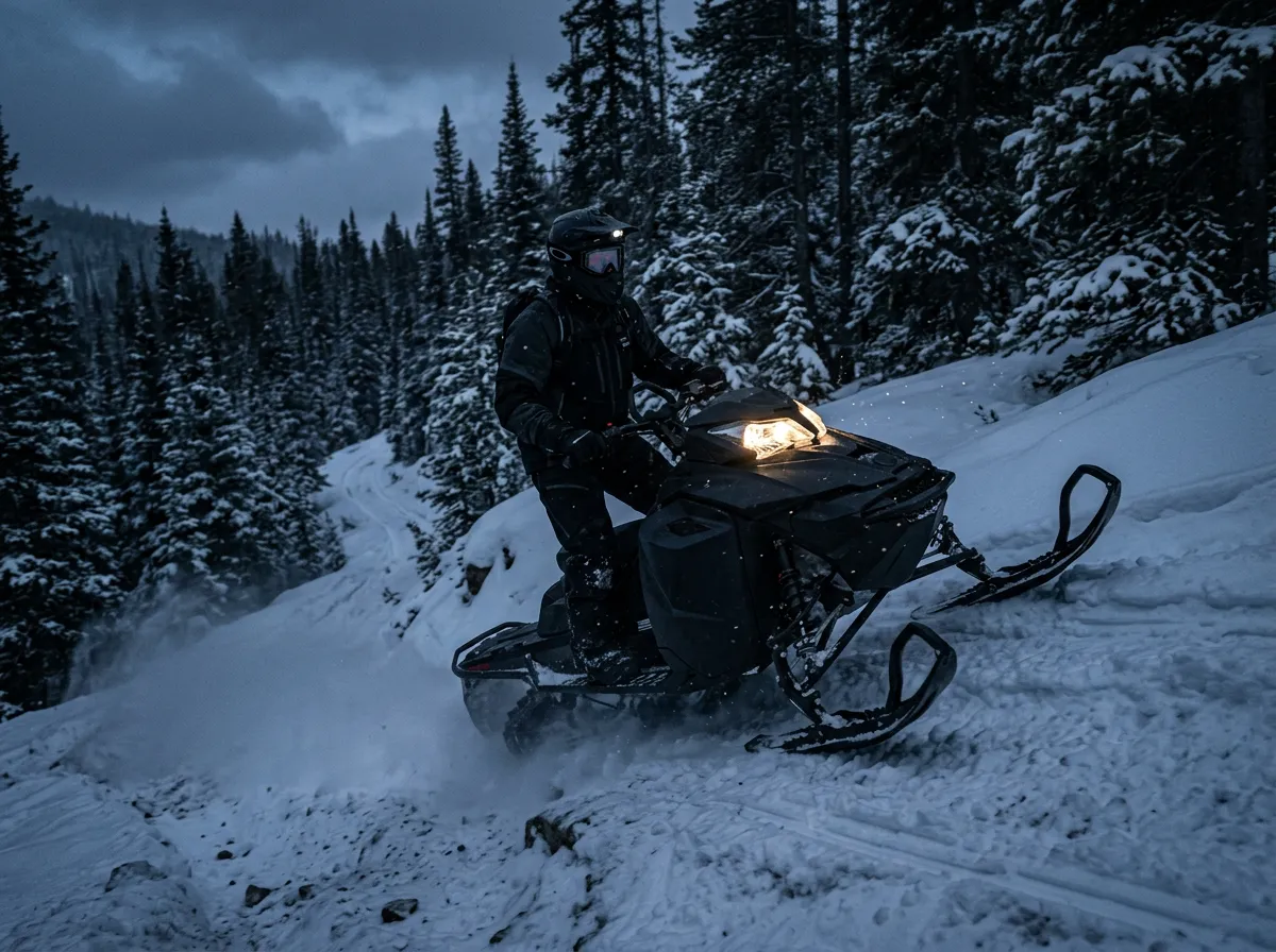 Snowmobile rider climbing a forested mountain trail at dusk